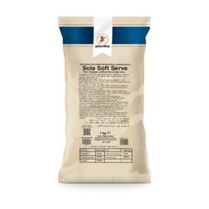 A beige and blue 1kg bag of Elenka Sole Soft Serve mix with a label containing product information, ingredients, and nutritional facts in multiple languages.
