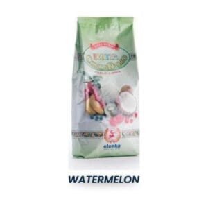 A green bag labeled “Frutta Cono d’Oro” by Elenka, featuring images of assorted fruits and coconut, is shown above the word “WATERMELON” in bold blue text.