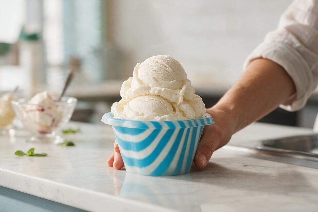 Gelato scooped high in a striped serving cup