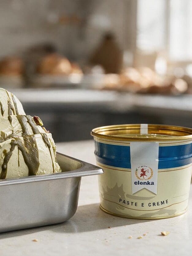Pistachio gelato with chocolate drizzle